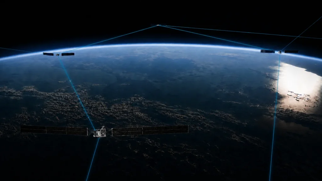 Satellites linked by blue optical laser communication beams above Earth’s atmosphere.