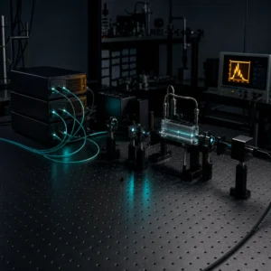 Fiber-pumped research platform with modular pump sources, fiber routing, nonlinear optical hardware, sample cell, and spectrum analyzer.