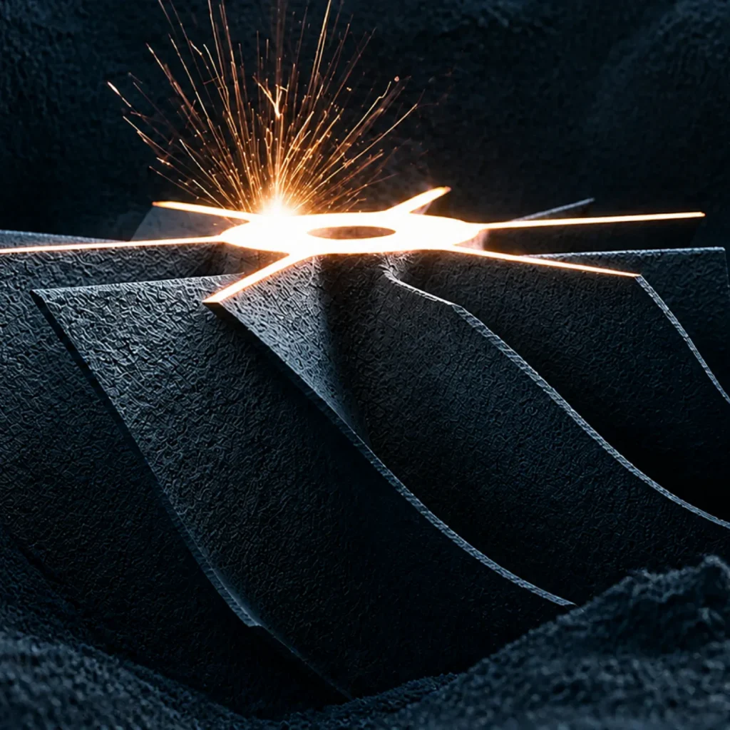 Representative close-up of laser powder bed fusion melting metal powder to build a dark metal component.