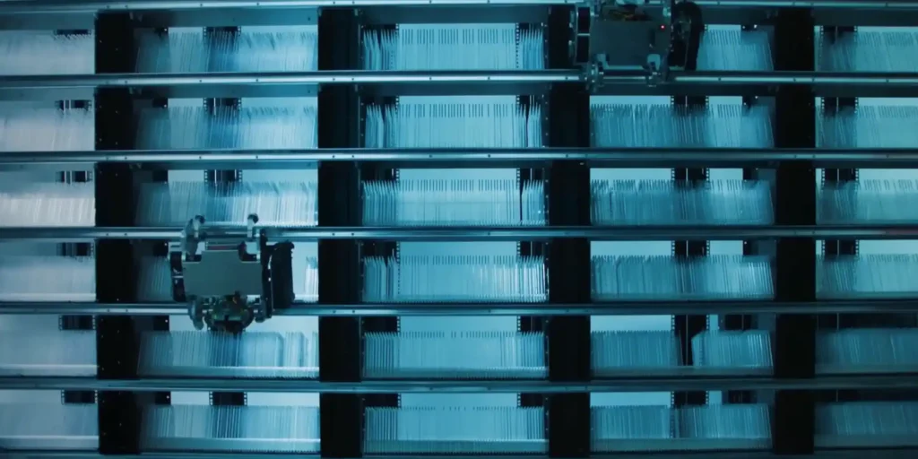 Robotic media library storing rows of glass platters for Project Silica archival data storage.