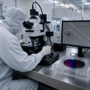 Cleanroom technician inspecting a wafer under a precision microscope beside a monitor showing an unlabeled microstructure pattern.
