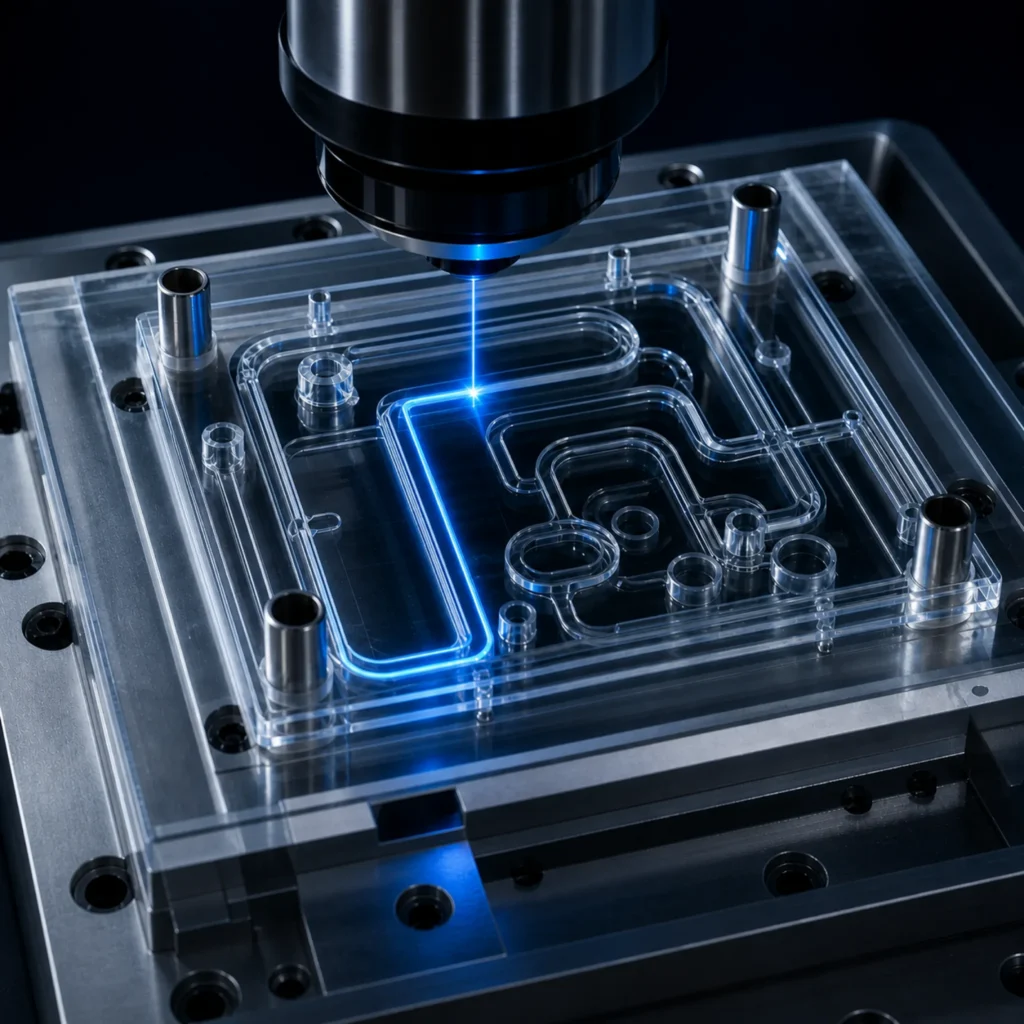 Clear-to-clear microfluidic medical cartridge being welded with a 2 µm laser in a precision fixture at Optical Engines Inc.