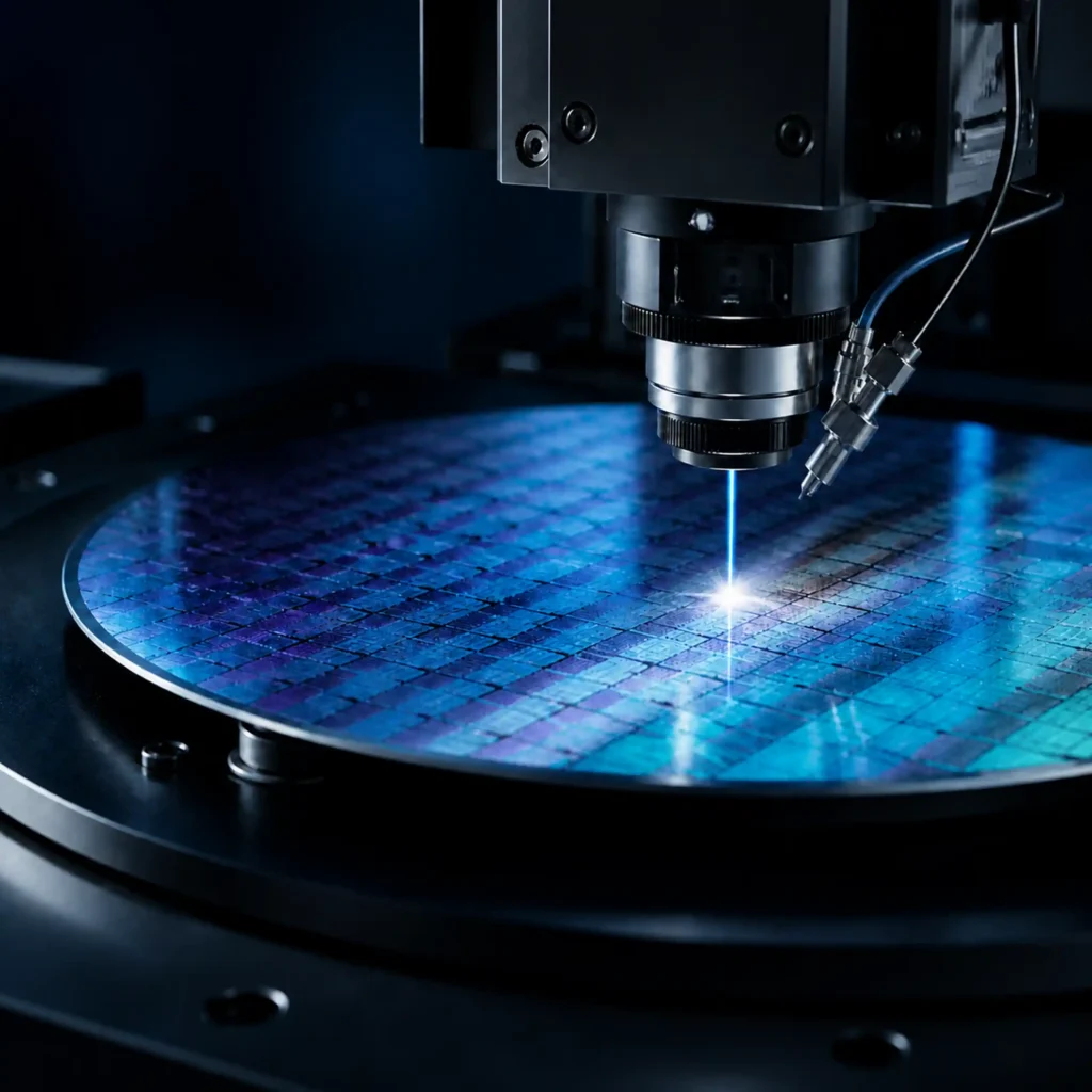 Industrial laser dicing head directing a focused blue-violet beam onto a patterned silicon wafer.