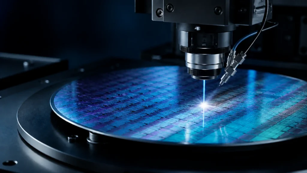 Industrial laser dicing head directing a focused blue-violet beam onto a patterned silicon wafer.