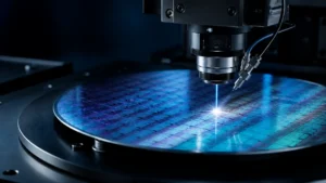 Industrial laser dicing head directing a focused blue-violet beam onto a patterned silicon wafer.