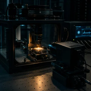 Photothermal materials research system with a microscope objective, precision sample stage, thermal camera, and localized optical heating.