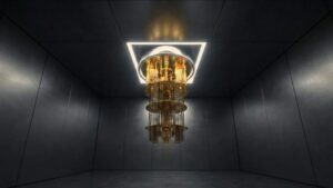 Quantum computer suspended in a dark chamber, representing laser-based quantum computing.