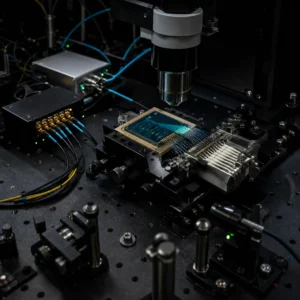 Quantum photonics research setup with an integrated photonic chip, fiber array, microscope objective, and optical measurement hardware.