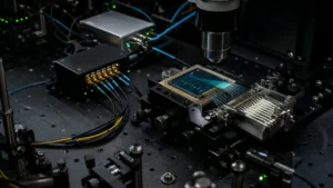 Precision optical bench for quantum-photonics experiments featuring an integrated chip, aligned fiber array, microscope objective, and measurement components.