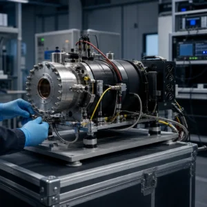 Atom-interferometry quantum sensing rig with a cylindrical vacuum chamber on a vibration-isolated platform in a precision optics laboratory.