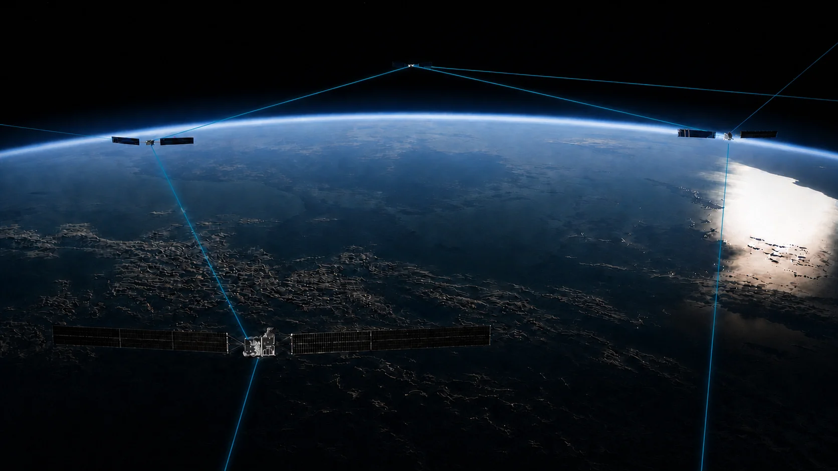 Satellites linked by blue optical laser communication beams above Earth’s atmosphere.