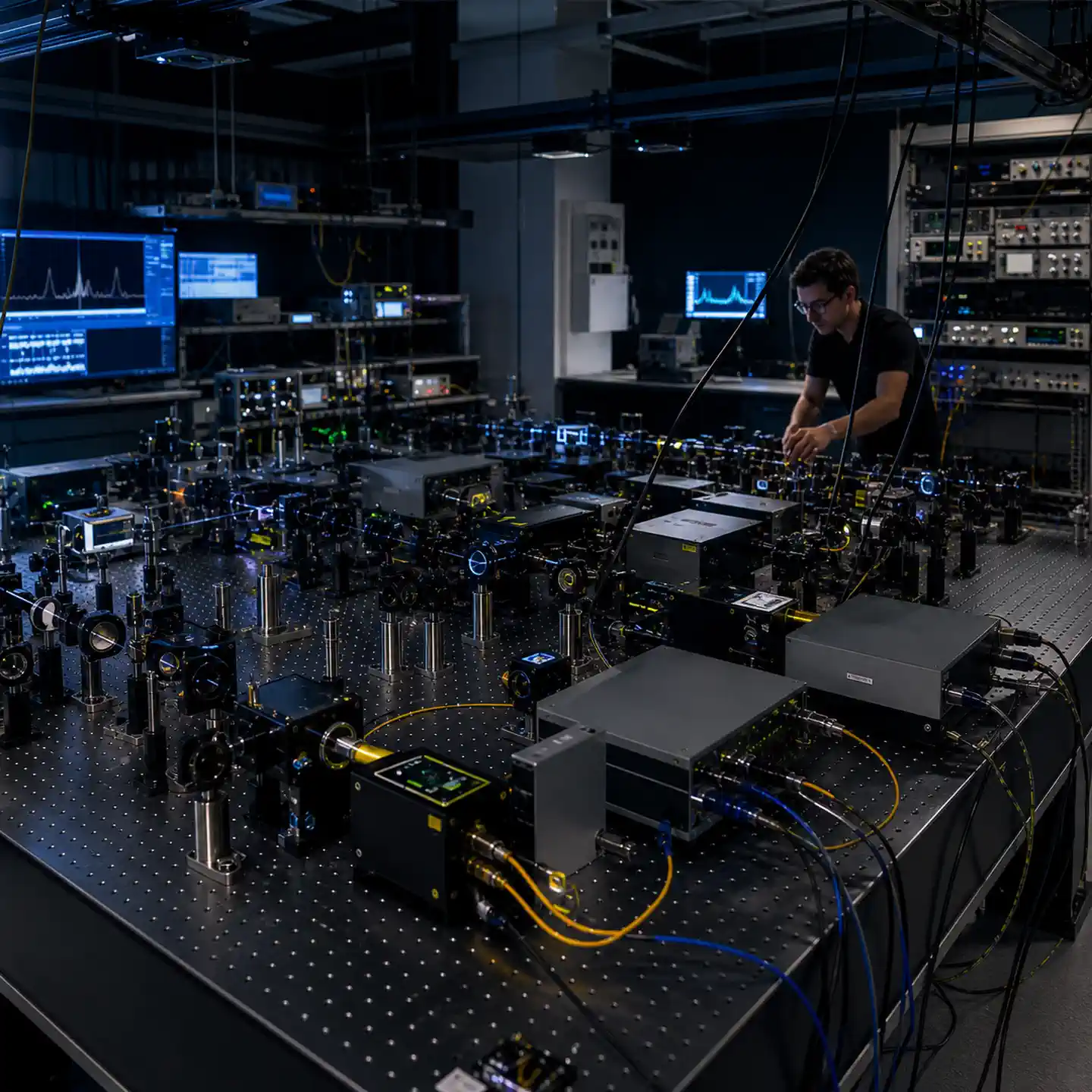 Researcher working at an ultrafast photonics optical table with precision mounts, fiber connections, and measurement instruments.