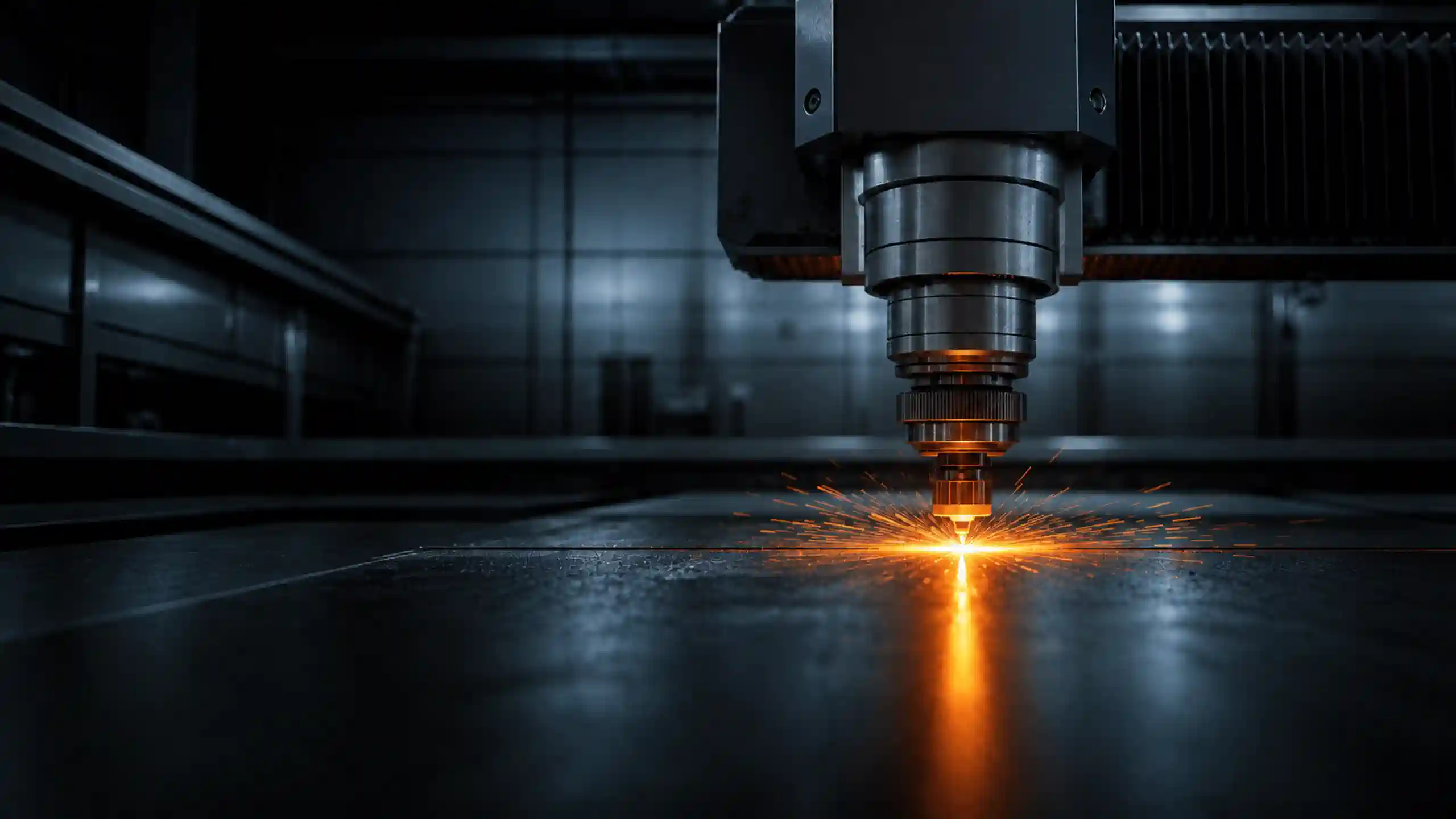 High-power laser processing head creating sparks on a metal workpiece inside an industrial processing cell.