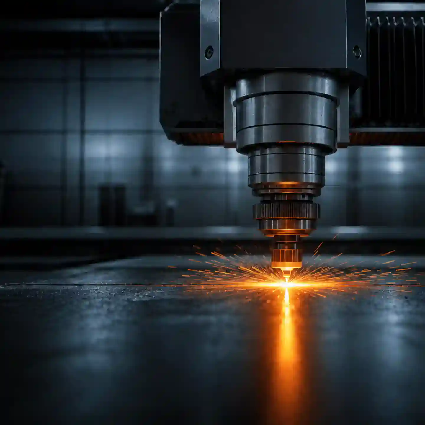 High-power laser processing head creating sparks on a metal workpiece inside an industrial processing cell.