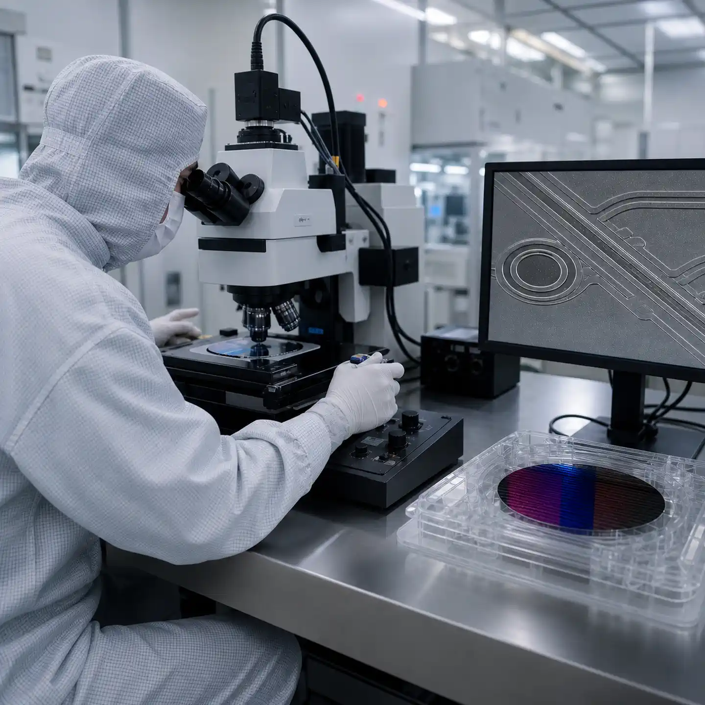 Cleanroom technician inspecting a wafer under a precision microscope beside a monitor showing an unlabeled microstructure pattern.