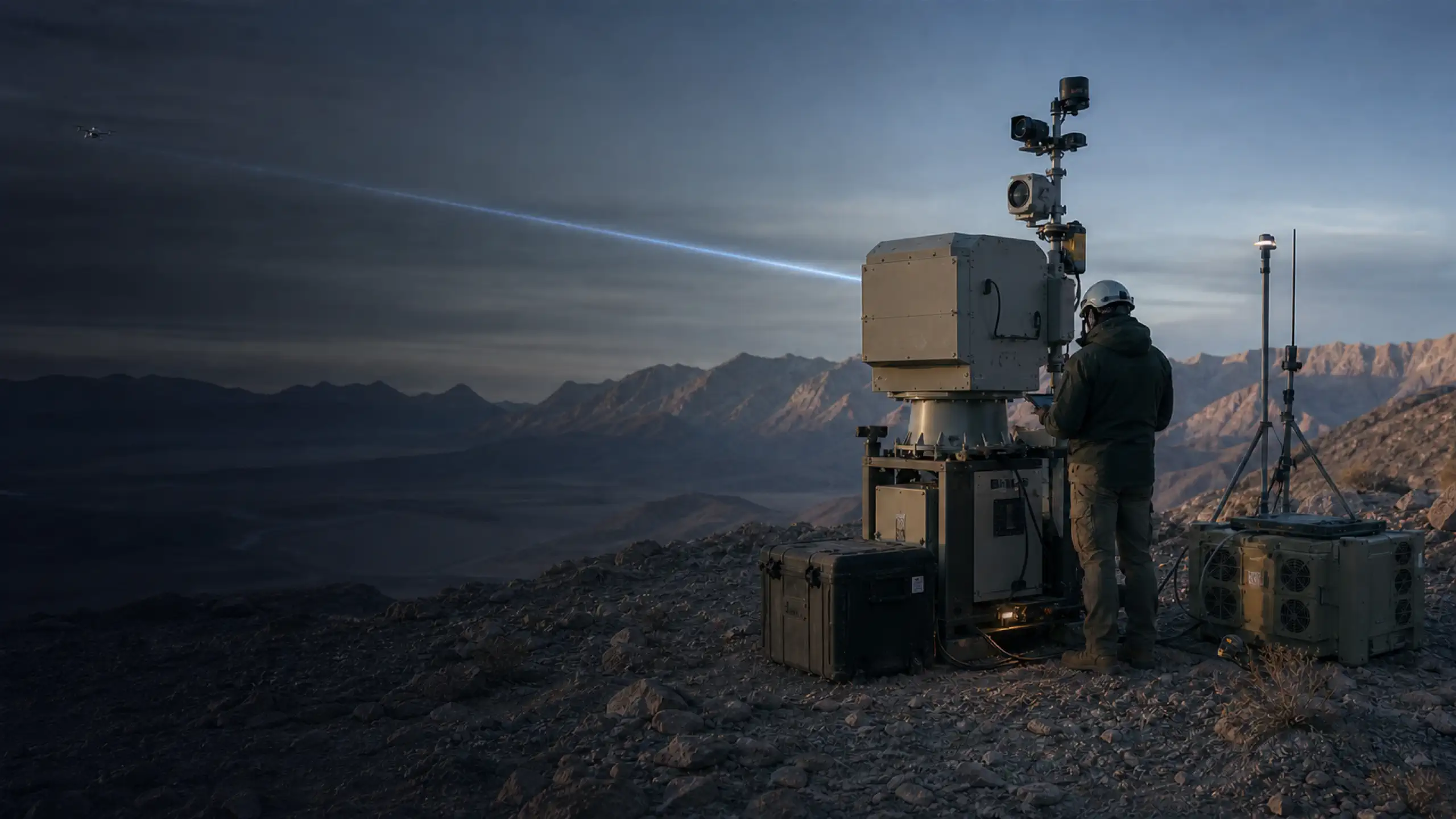 Concept image of a directed-energy fiber laser system, field engineer, drone, and subtle beam on a mountain test range