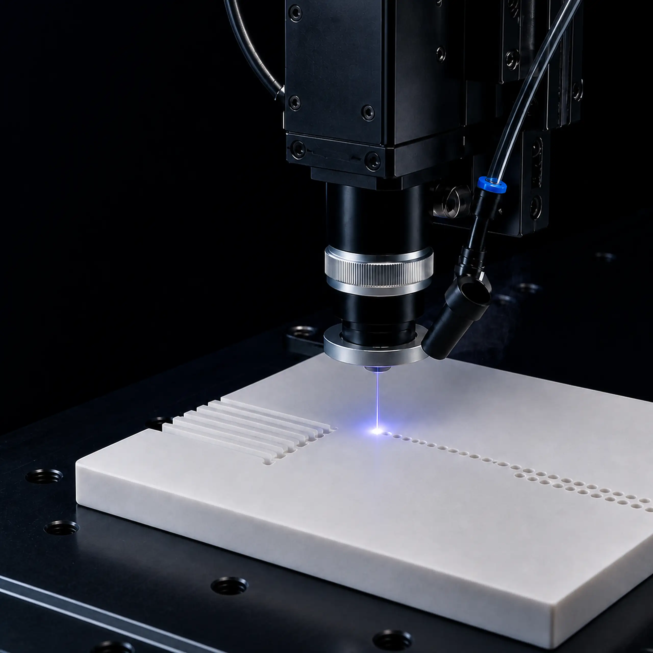 Ultrashort-pulse laser head microprocessing a white technical ceramic substrate with precision channels and rows of micro-drilled holes.