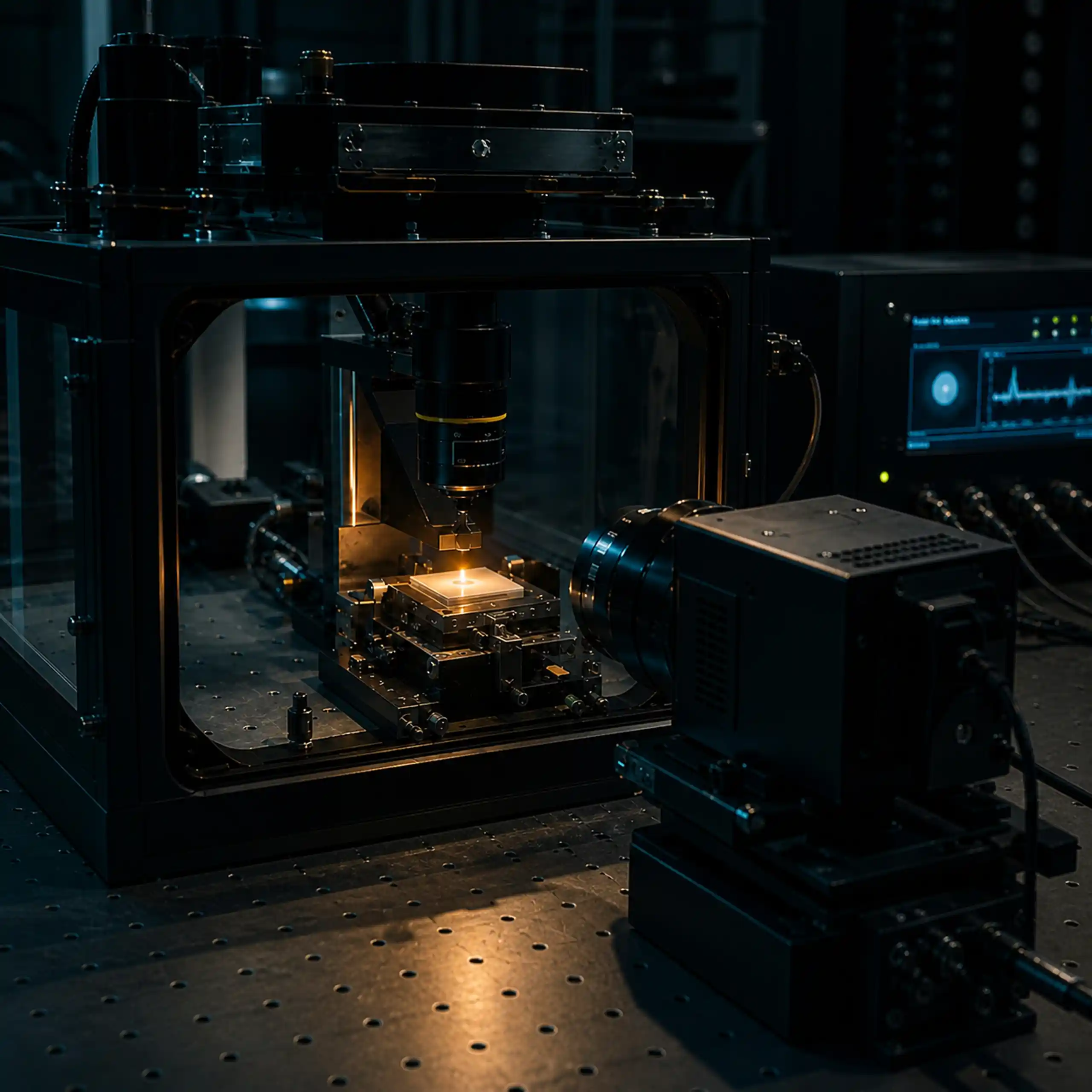 Photothermal materials research system with a microscope objective, precision sample stage, thermal camera, and localized optical heating.