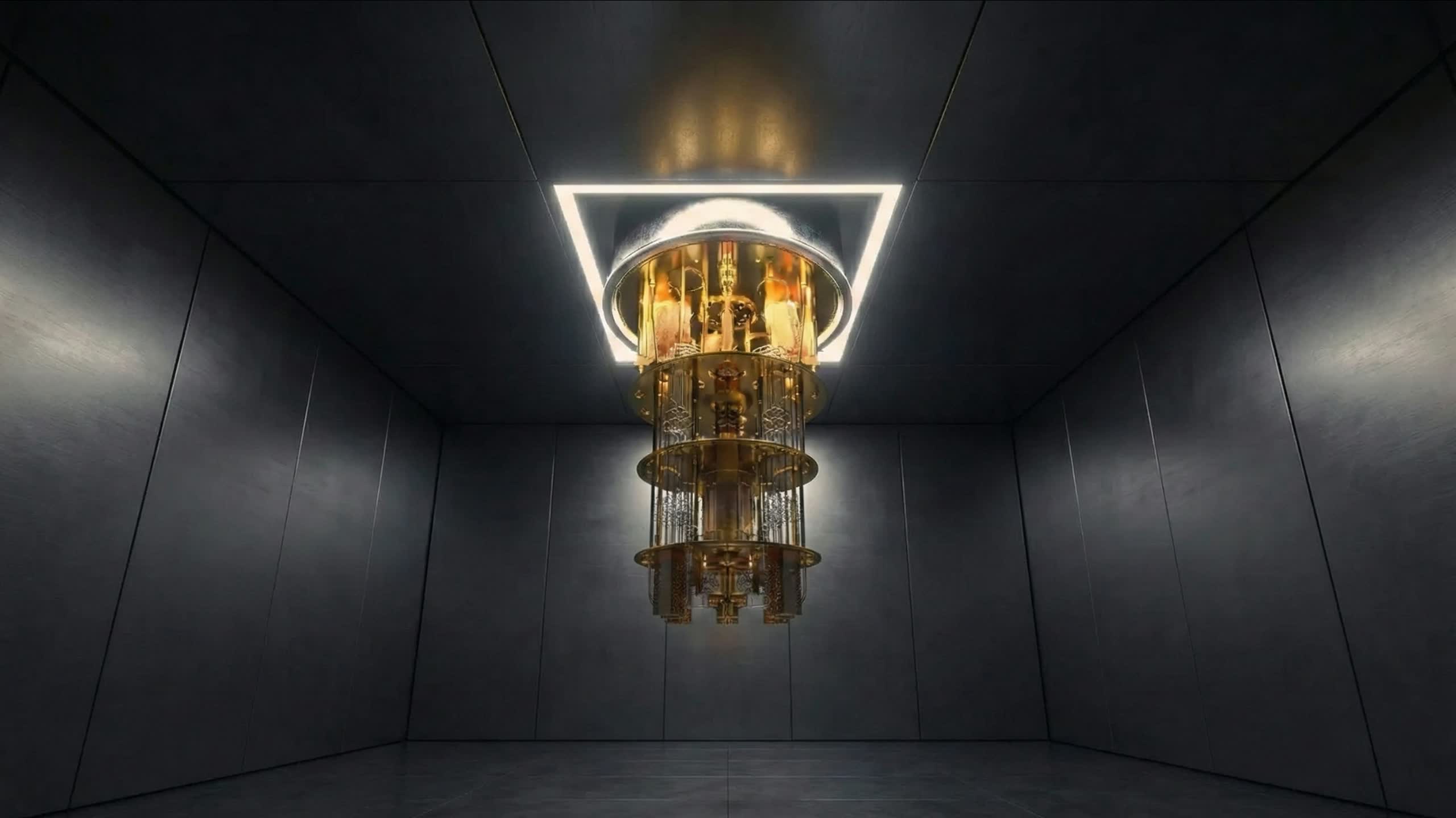 Quantum computer suspended in a dark chamber, representing laser-based quantum computing.