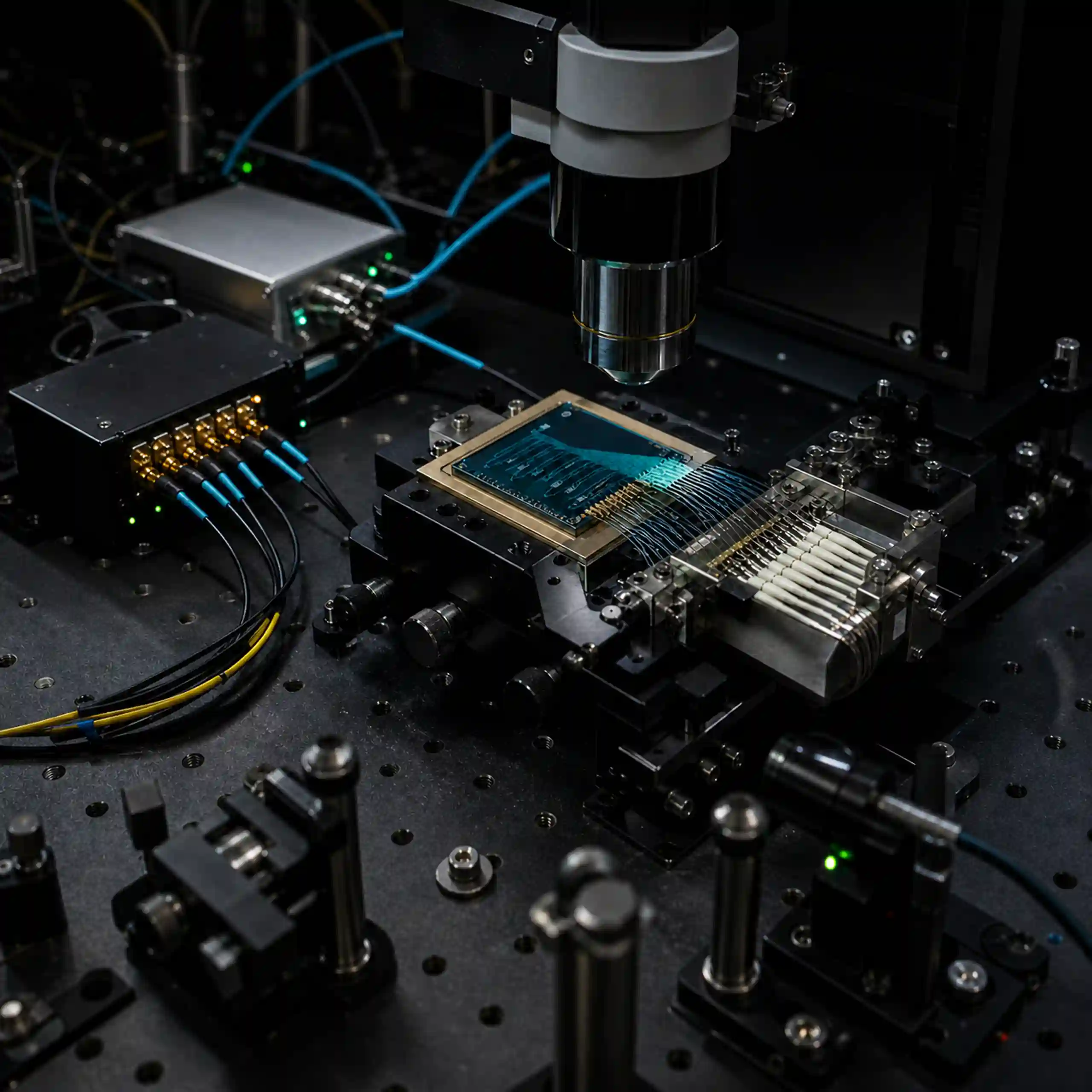Quantum photonics research setup with an integrated photonic chip, fiber array, microscope objective, and optical measurement hardware.