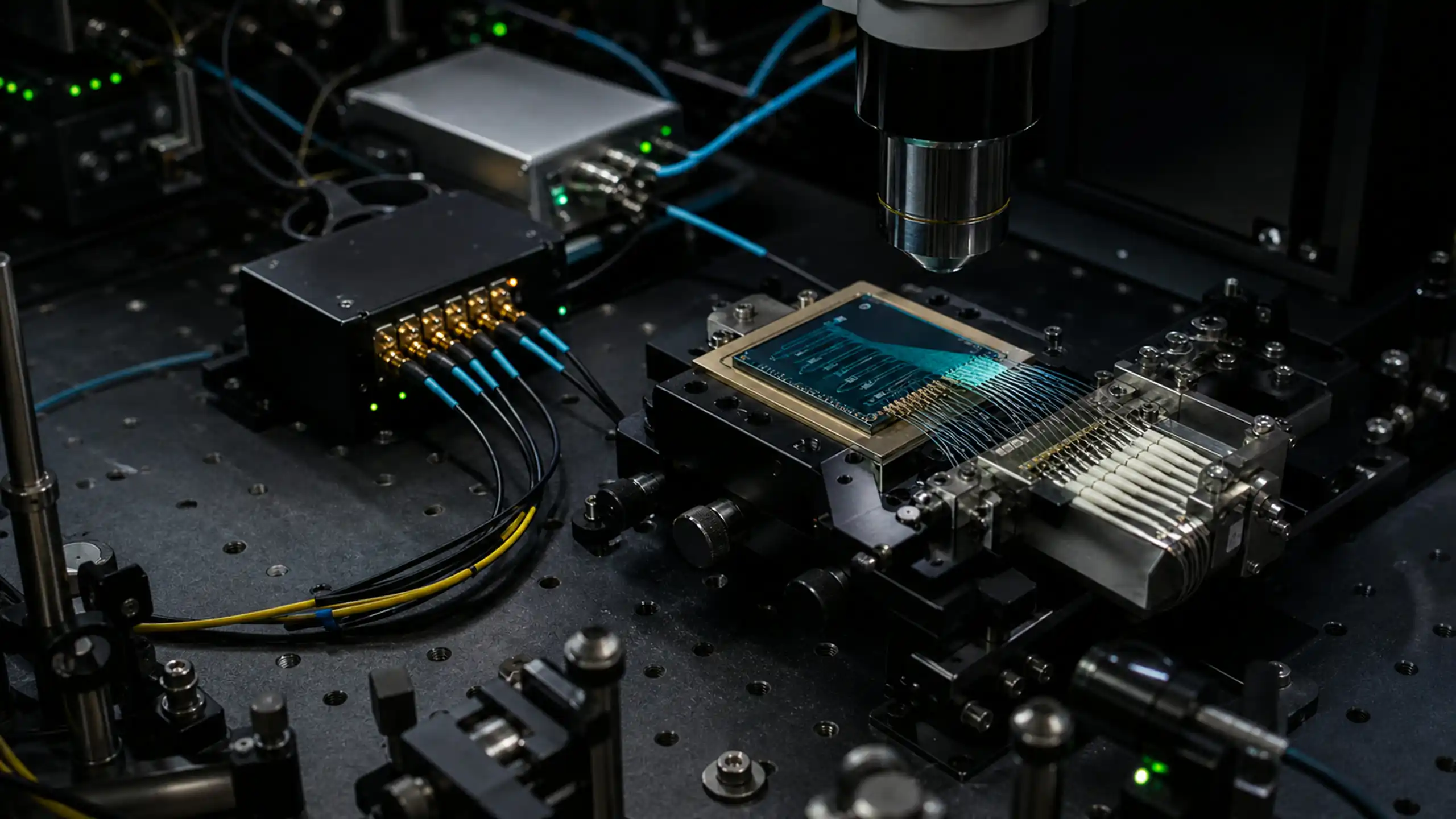 Precision optical bench for quantum-photonics experiments featuring an integrated chip, aligned fiber array, microscope objective, and measurement components.