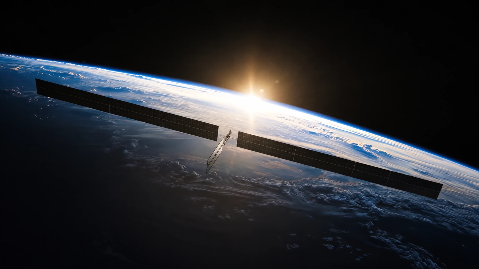 Communications satellite with long solar arrays above Earth at sunrise.